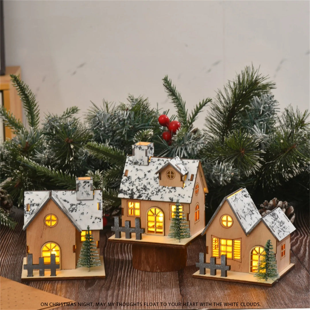 1pc Christmas Themed Tabletop Decoration: Luminous Wooden House, LED Wooden Christmas House, Christmas Desktop Decoration