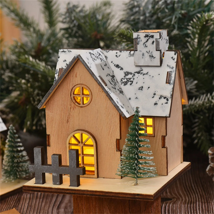 1pc Christmas Themed Tabletop Decoration: Luminous Wooden House, LED Wooden Christmas House, Christmas Desktop Decoration
