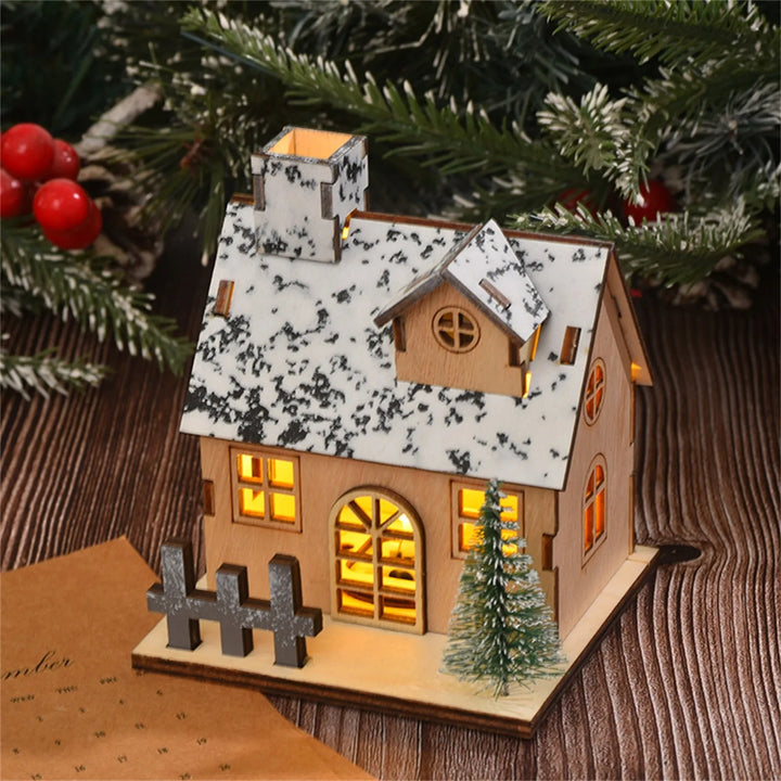 1pc Christmas Themed Tabletop Decoration: Luminous Wooden House, LED Wooden Christmas House, Christmas Desktop Decoration